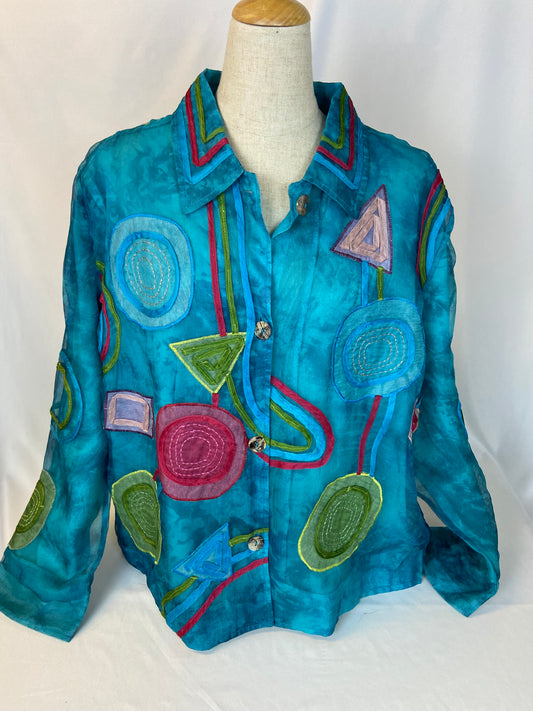 Travel Smith Size L Turquoise Silk Appliqued Jacket