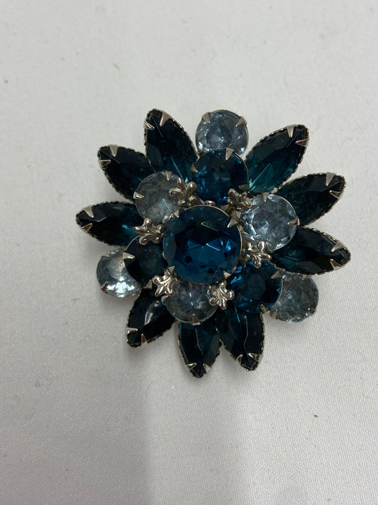 Blue Rhinestone Vintage Floral Starburst 2 Tone Silvertone Brooch