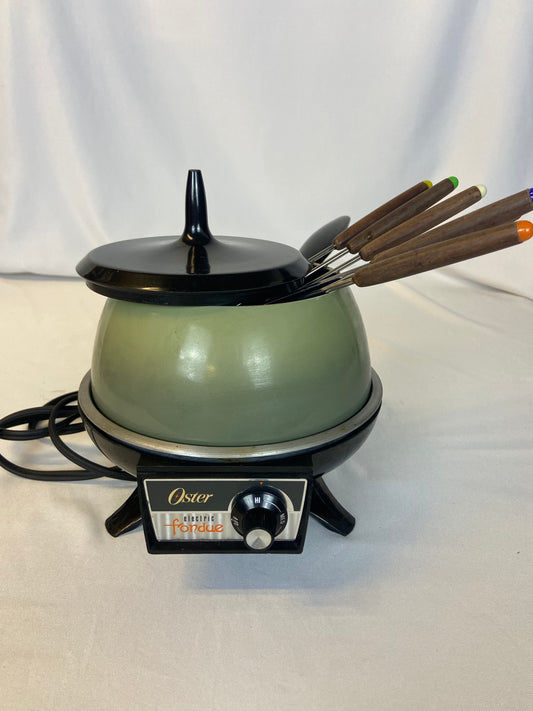 Oster Electric 70s Avocado Fondue Pot with Hot Plate and 6 Forks