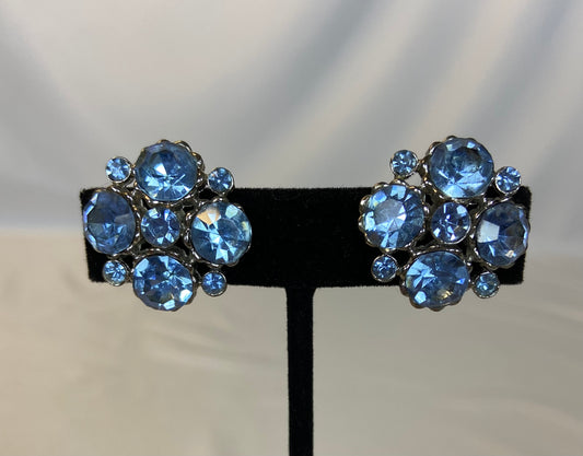 Weiss Ice Blue Rhinestone Vintage Silvertone Clip Earrings
