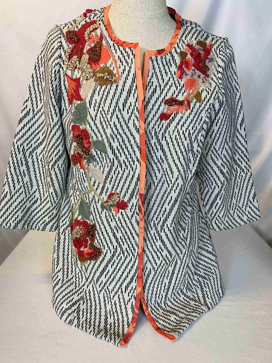 Chico's Size 0 Floral Embroidered Open Front Jacket