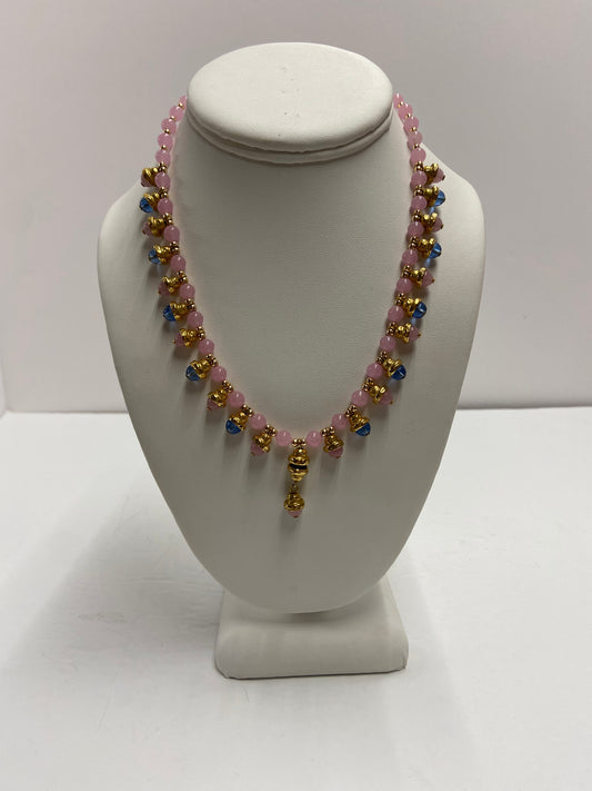 NLH Vintage Pink and Blue Goldtone Beaded Necklace