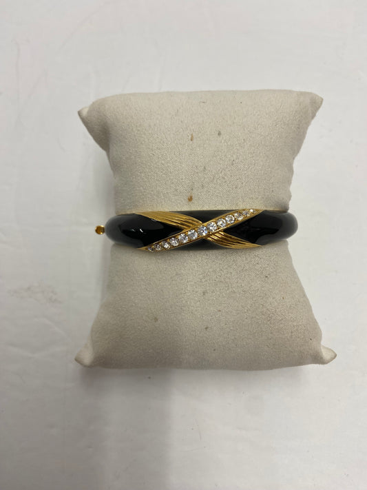 Joan Rivers Vintage Hinged Black Enamel and Rhinestone Goldtone Bangle Bracelet