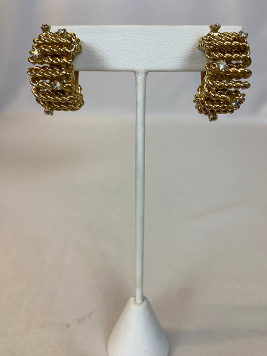 bergère Twisted Rope Goldtone Clear Rhinestone Vintage Clip Earrings