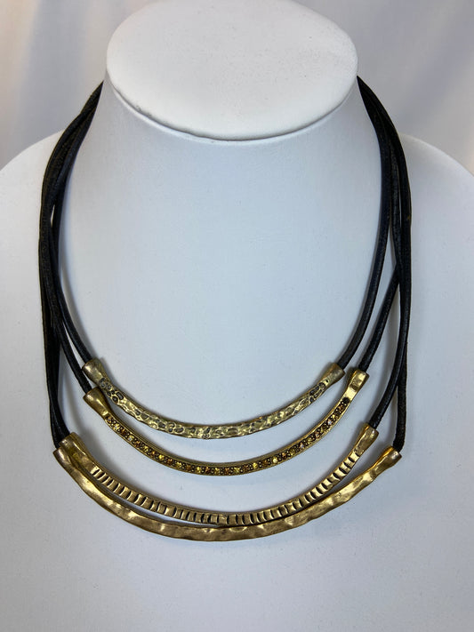 Goldtone 4 Stranded Bib Necklace on Black Leather Cording