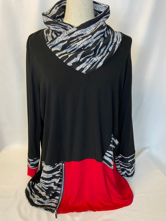Ali Miles Size M Black Red and Zebra Print Cowl Neck Tunic Top