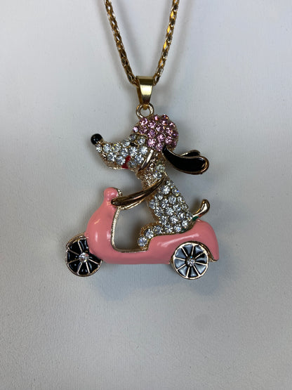 Betsey Johnson Dog Riding Pink Scooter Goldtone Necklace