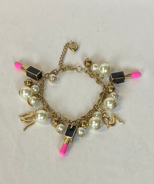 Betsey Johnson Pink Lipstick Goldtone Charm Bracelet