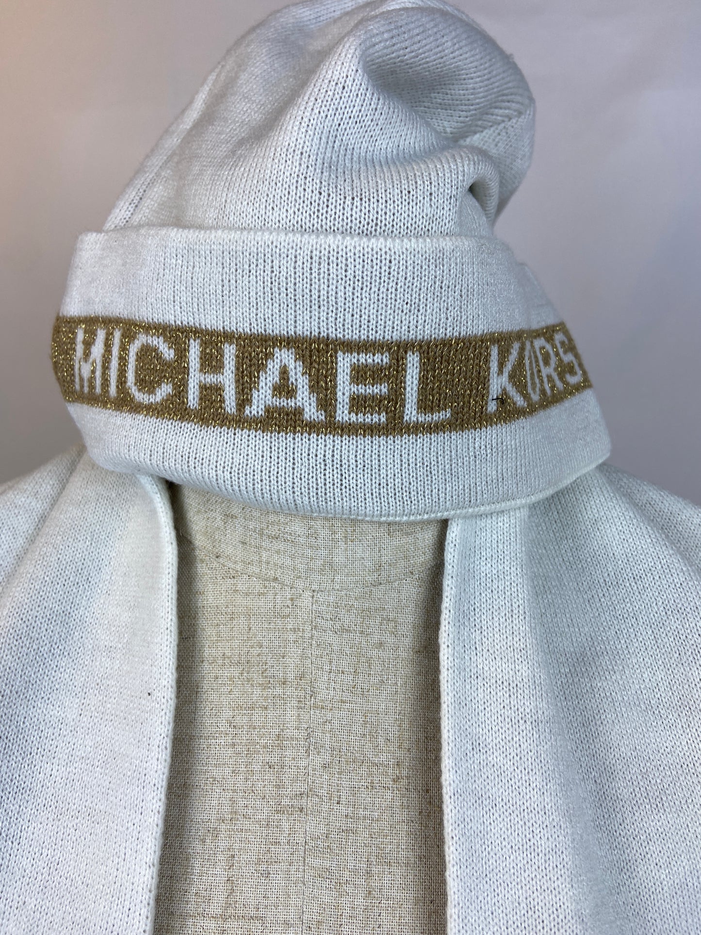 Michael Kors Hat & Scarf Set, Creme with Gold Accents NWT