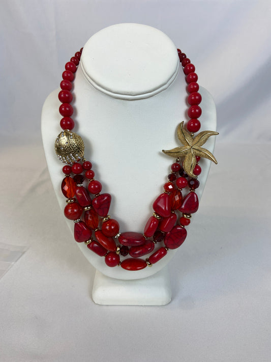 Talbots Red Beaded 3 Strand Goldtone Sea Shell Necklace