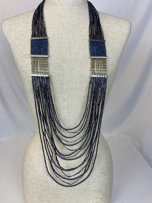 Chicos Vintage Statement Necklace in Metallic Blue and Silver Seed Beads