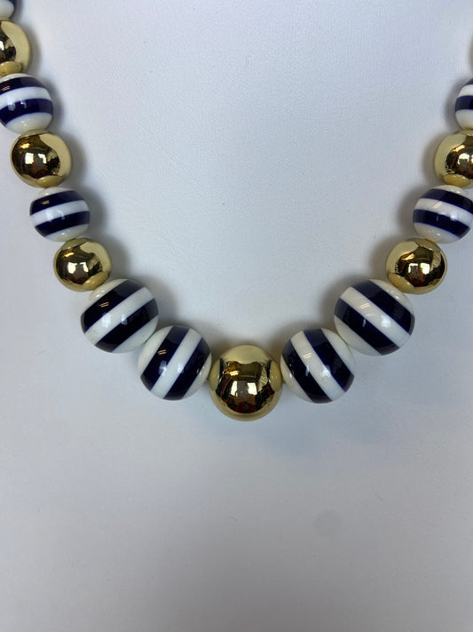 Talbots Blue White and Gold tone Beaded Necklace