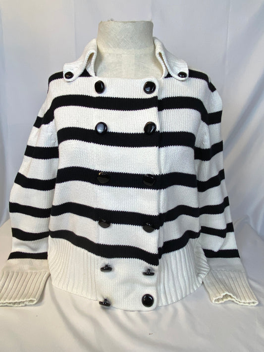 W by Worth Medium White and Black Stripe Double-Breasted Sweater