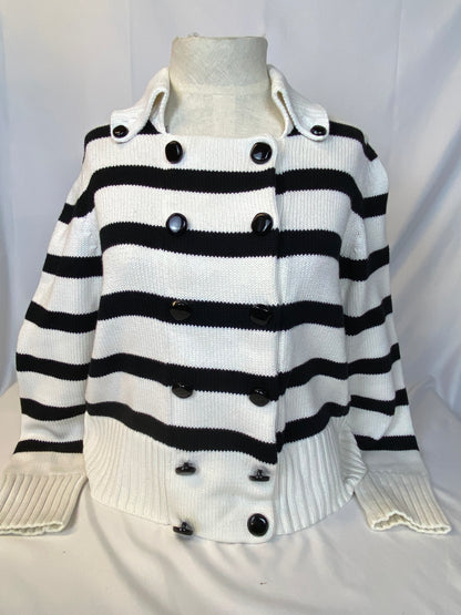 W by Worth Medium White and Black Stripe Double-Breasted Sweater