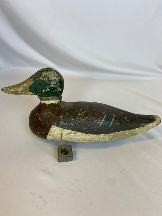 Wooden Hand Painted Duck Decoy with Original String and Weight