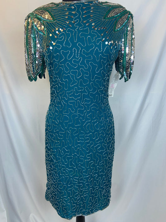 Laurence Kazar Size L Teal Blue Vintage Beaded Silk Dress