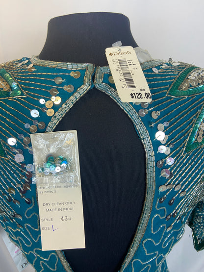 Laurence Kazar Size L Teal Blue Vintage Beaded Silk Dress