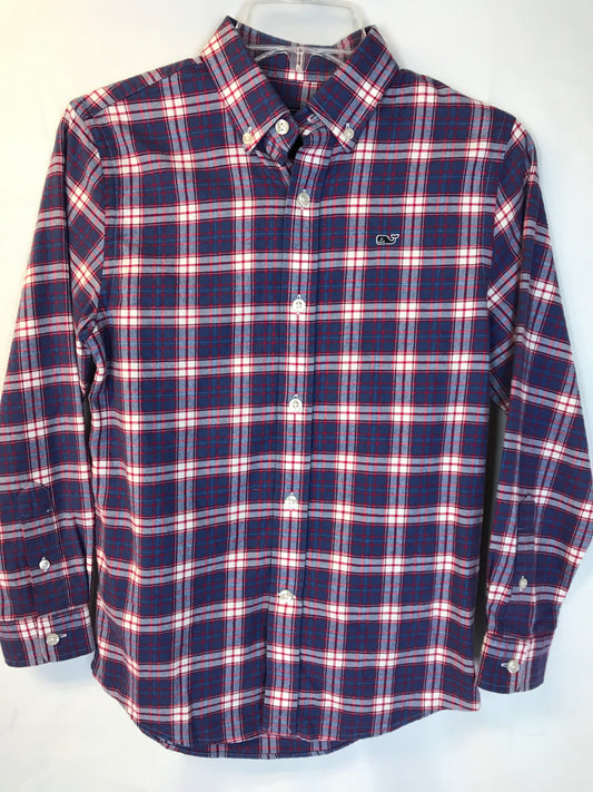 Vineyard Vines Size Small (8-10) Red, White and Soft Blue-Gray Plaid Shirt