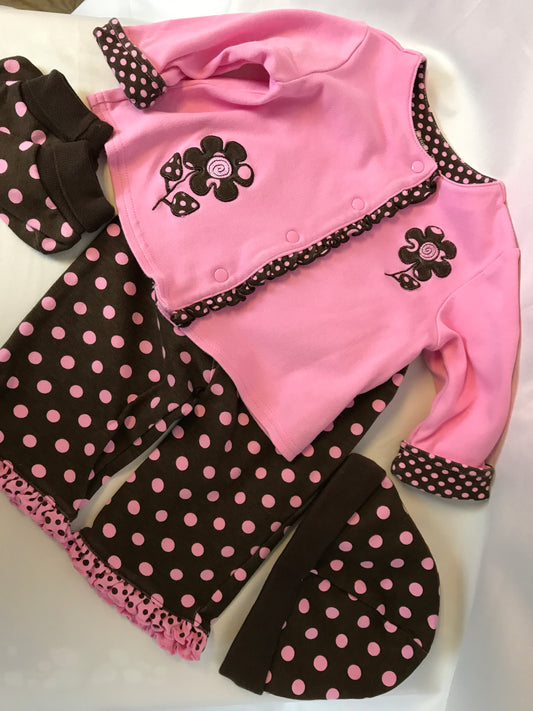 Specialty Baby 6-9 month 4 piece Pink and Brown Top and Pants with Hat and Socks